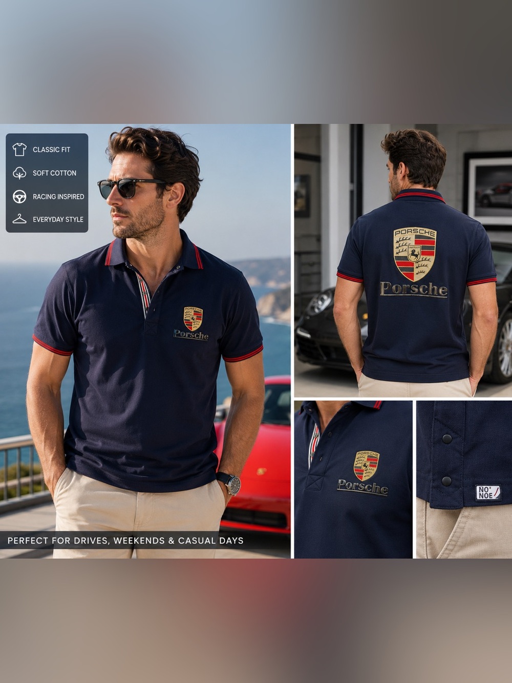 Classic Porsche polo shirt in a deep navy blue with sporty red trim on the colla